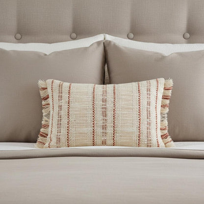 14" X 20" Beige and Pink Striped Cotton Throw Pillow With Fringe