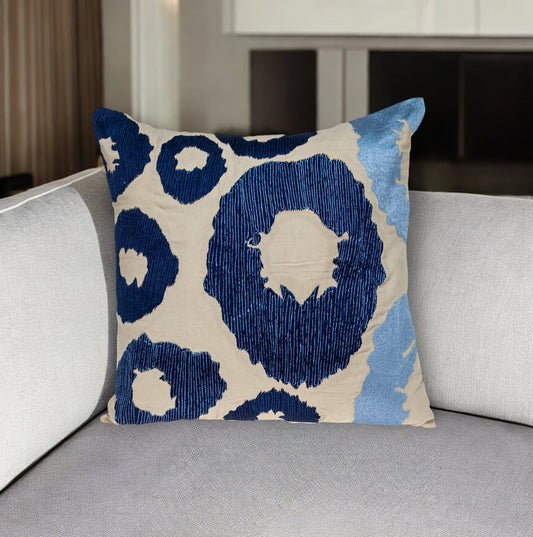 22" Blue and Beige Abstract Cotton Throw Pillow With Embroidery