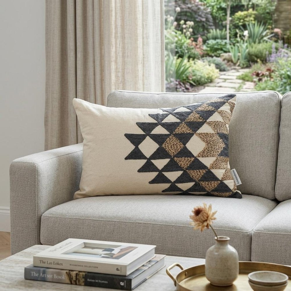 14" X 20" Beige and Black Geometric Cotton Throw Pillow