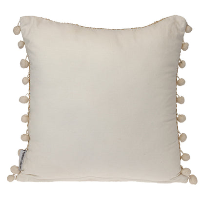 18" Beige and White Weave Cotton Throw Pillow With Pom Poms