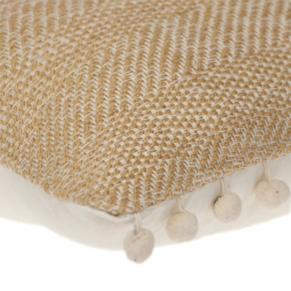 18" Beige and White Weave Cotton Throw Pillow With Pom Poms