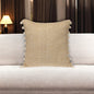 18" Beige and White Weave Cotton Throw Pillow With Pom Poms