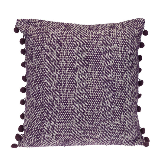 18" Purple and White Weave Cotton Throw Pillow With Pom Poms