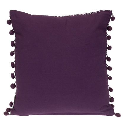 18" Purple and White Weave Cotton Throw Pillow With Pom Poms