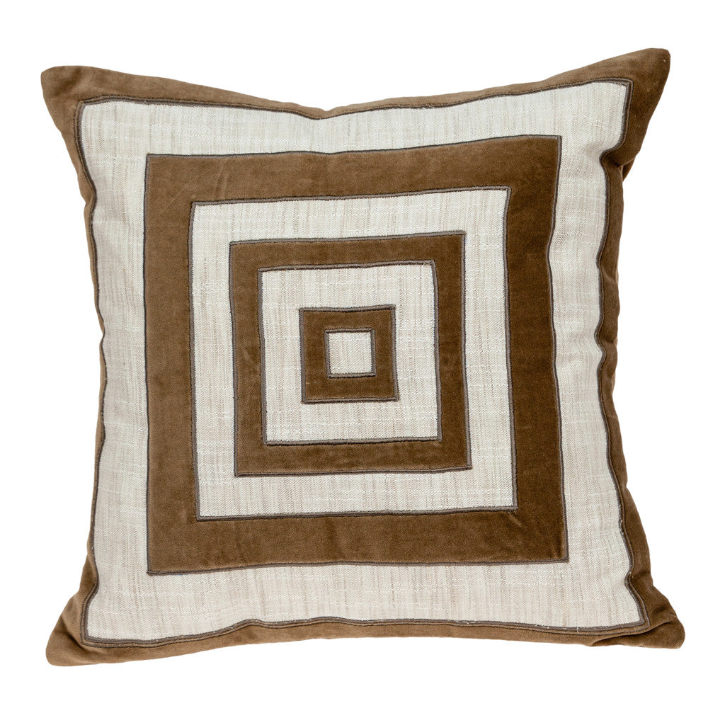 18" Beige and Brown Geometric Cotton Blend Throw Pillow with Embroidery and Applique