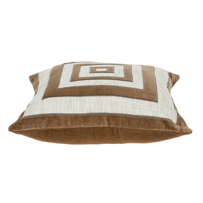 18" Beige and Brown Geometric Cotton Blend Throw Pillow with Embroidery and Applique