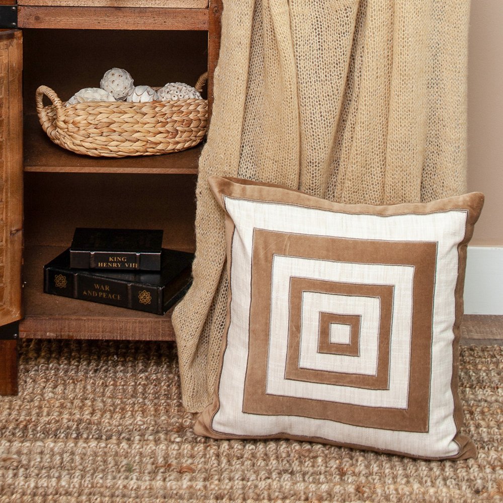18" Beige and Brown Poly Cotton Blend Throw Pillow with Embroidery and applique