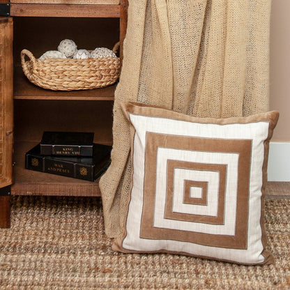 18" Beige and Brown Poly Cotton Blend Throw Pillow with Embroidery and applique