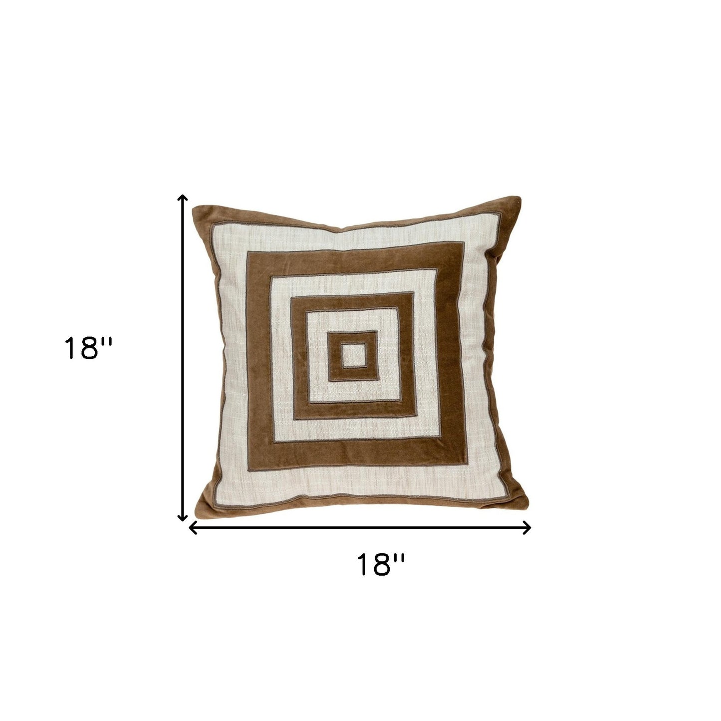 18" Beige and Brown Geometric Cotton Blend Throw Pillow with Embroidery and Applique