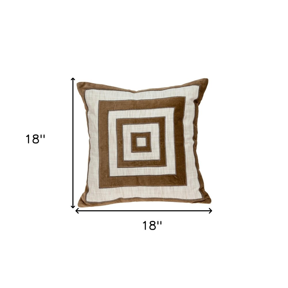 18" Beige and Brown Poly Cotton Blend Throw Pillow with Embroidery and applique