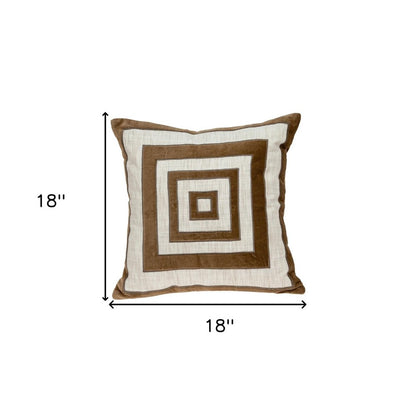 18" Beige and Brown Poly Cotton Blend Throw Pillow with Embroidery and applique