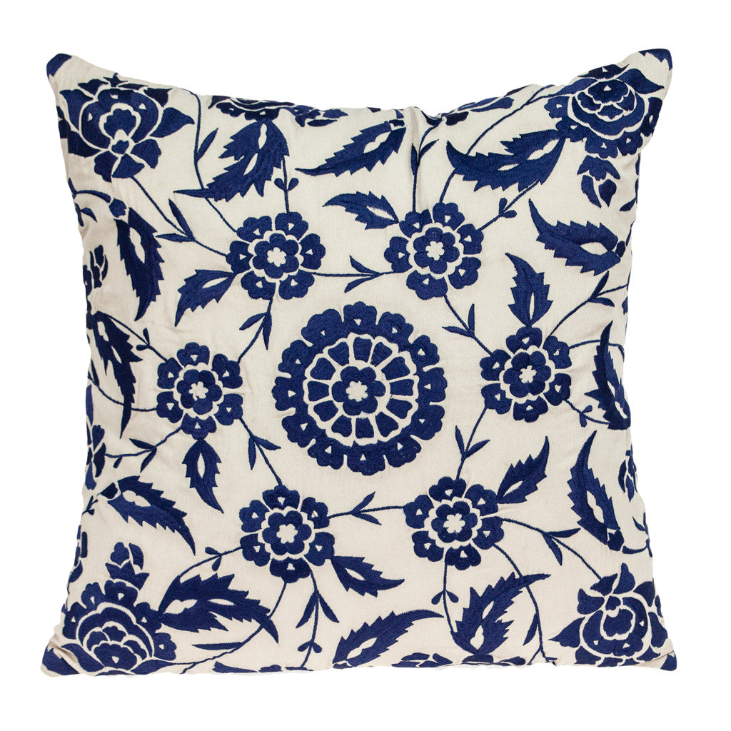 22" Beige and Blue Floral Cotton Throw Pillow With Embroidery