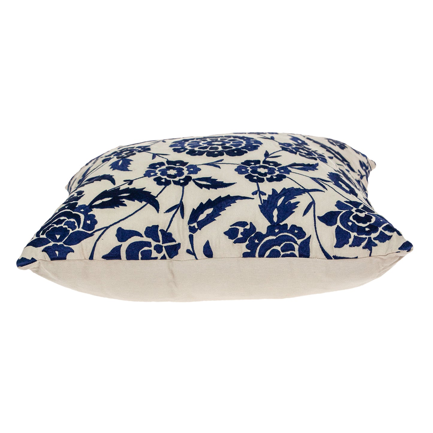 22" Beige and Blue Floral Cotton Throw Pillow With Embroidery