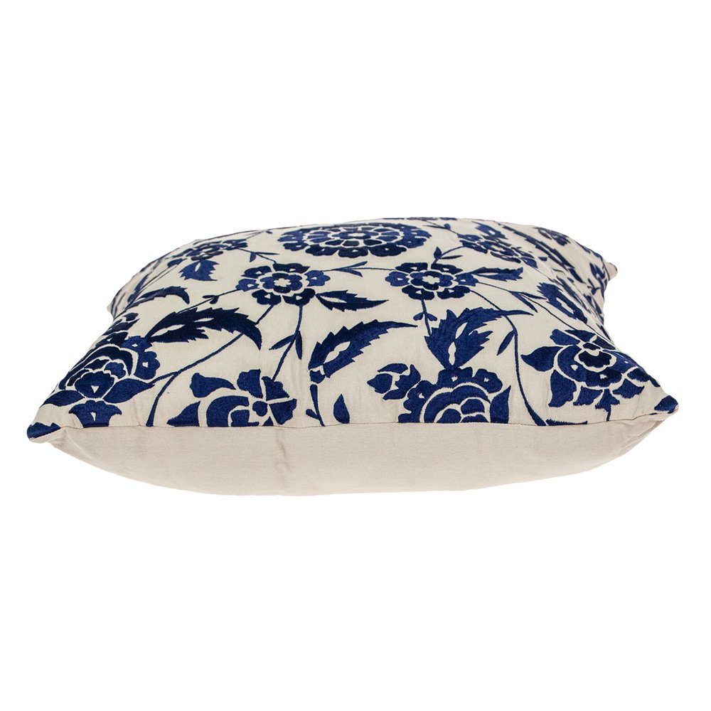 22" Beige and Indigo Floral Cotton Throw Pillow With Embroidery