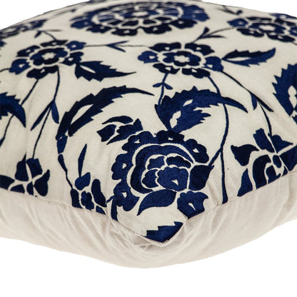 22" Beige and Indigo Floral Cotton Throw Pillow With Embroidery