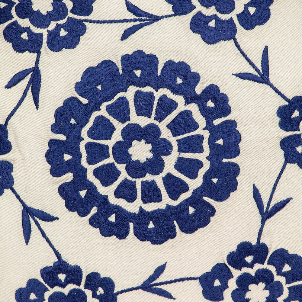 22" Beige and Indigo Floral Cotton Throw Pillow With Embroidery