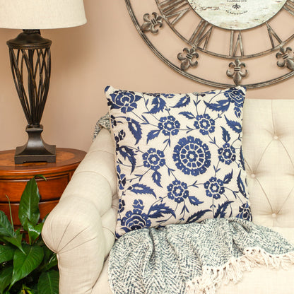 22" Beige and Blue Floral Cotton Throw Pillow With Embroidery