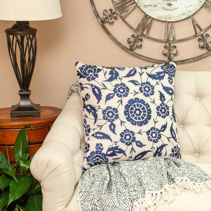 22" Beige and Indigo Floral Cotton Throw Pillow With Embroidery