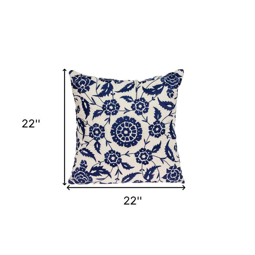 22" Beige and Indigo Floral Cotton Throw Pillow With Embroidery