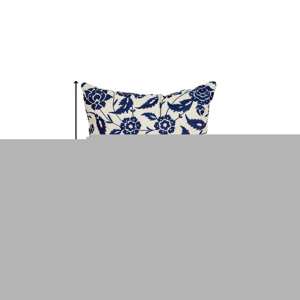 22" Beige and Indigo Floral Cotton Throw Pillow With Embroidery