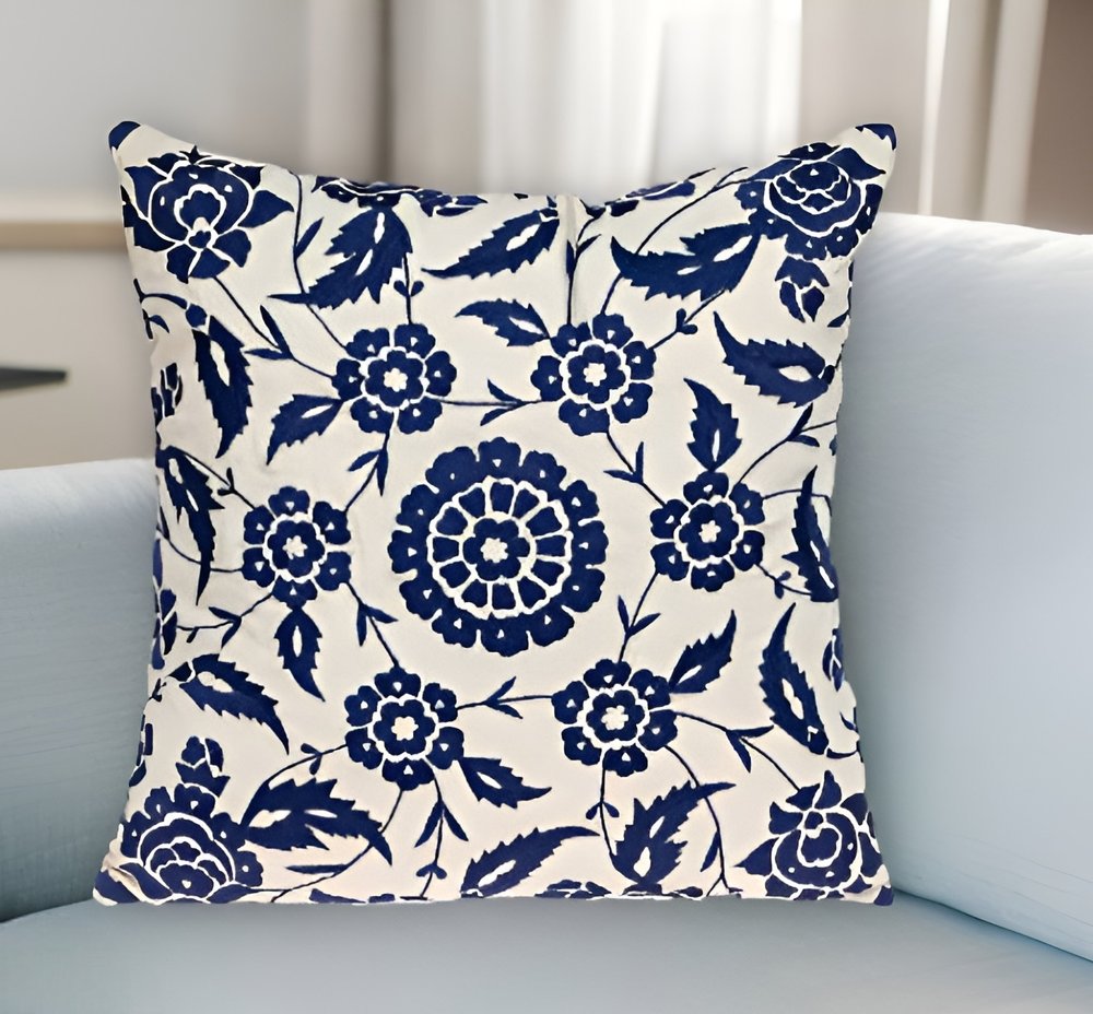 22" Beige and Indigo Floral Cotton Throw Pillow With Embroidery