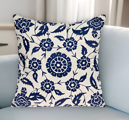 22" Beige and Indigo Floral Cotton Throw Pillow With Embroidery