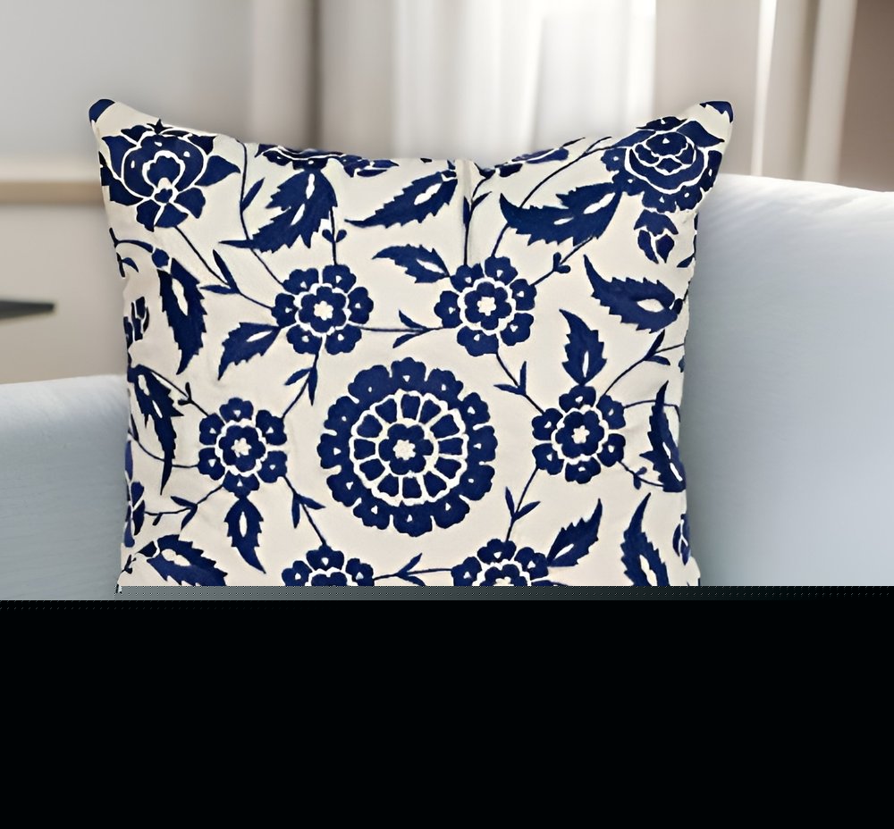 22" Beige and Indigo Floral Cotton Throw Pillow With Embroidery