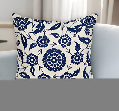 22" Beige and Indigo Floral Cotton Throw Pillow With Embroidery