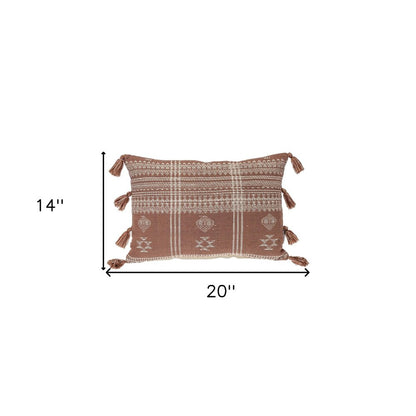 14" X 20" Beige and Brown Southwestern Cotton Throw Pillow With Tassels