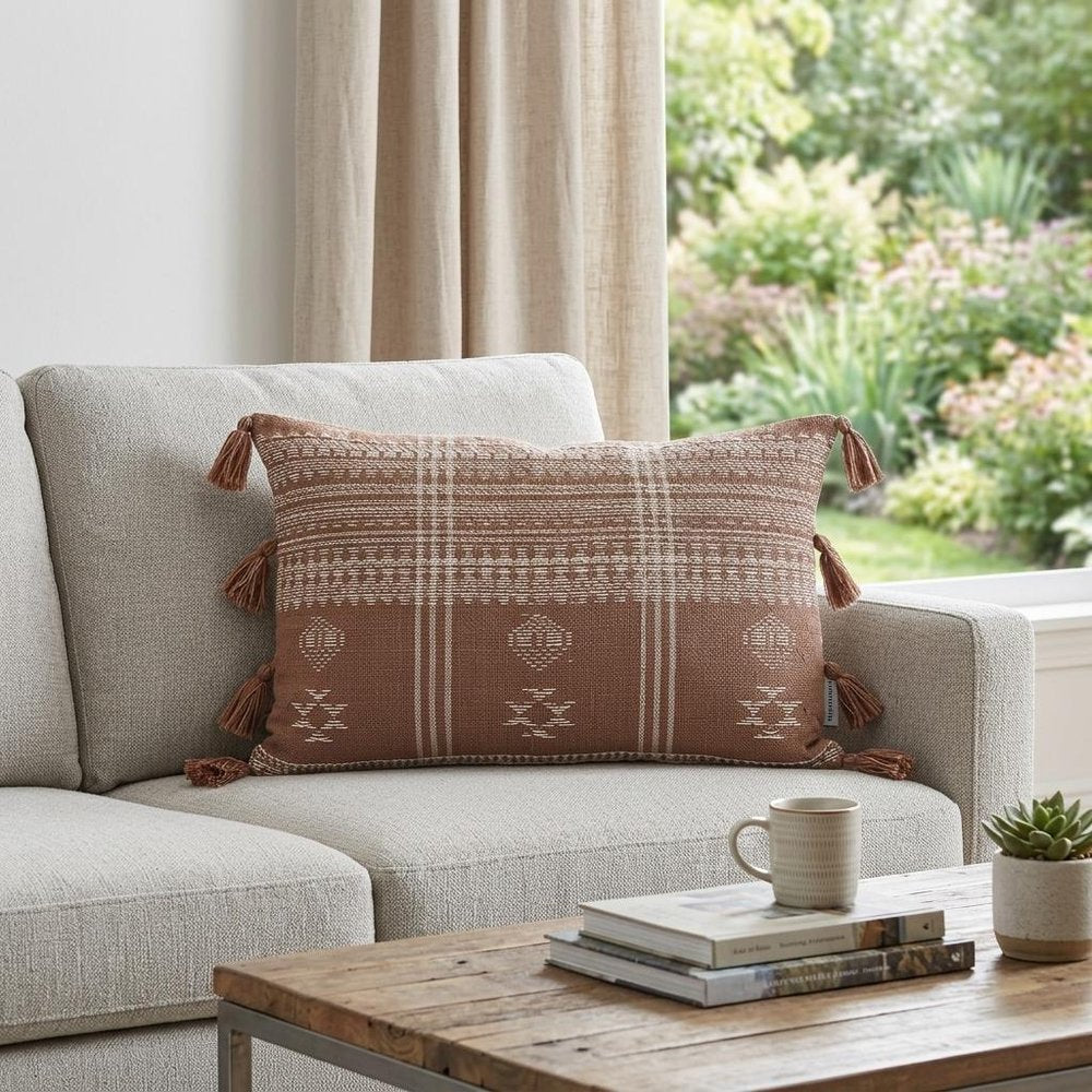 14" X 20" Beige and Brown Southwestern Cotton Throw Pillow With Tassels