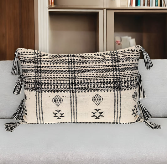 14" X 20" Beige and Black Southwestern Cotton Throw Pillow With Tassels