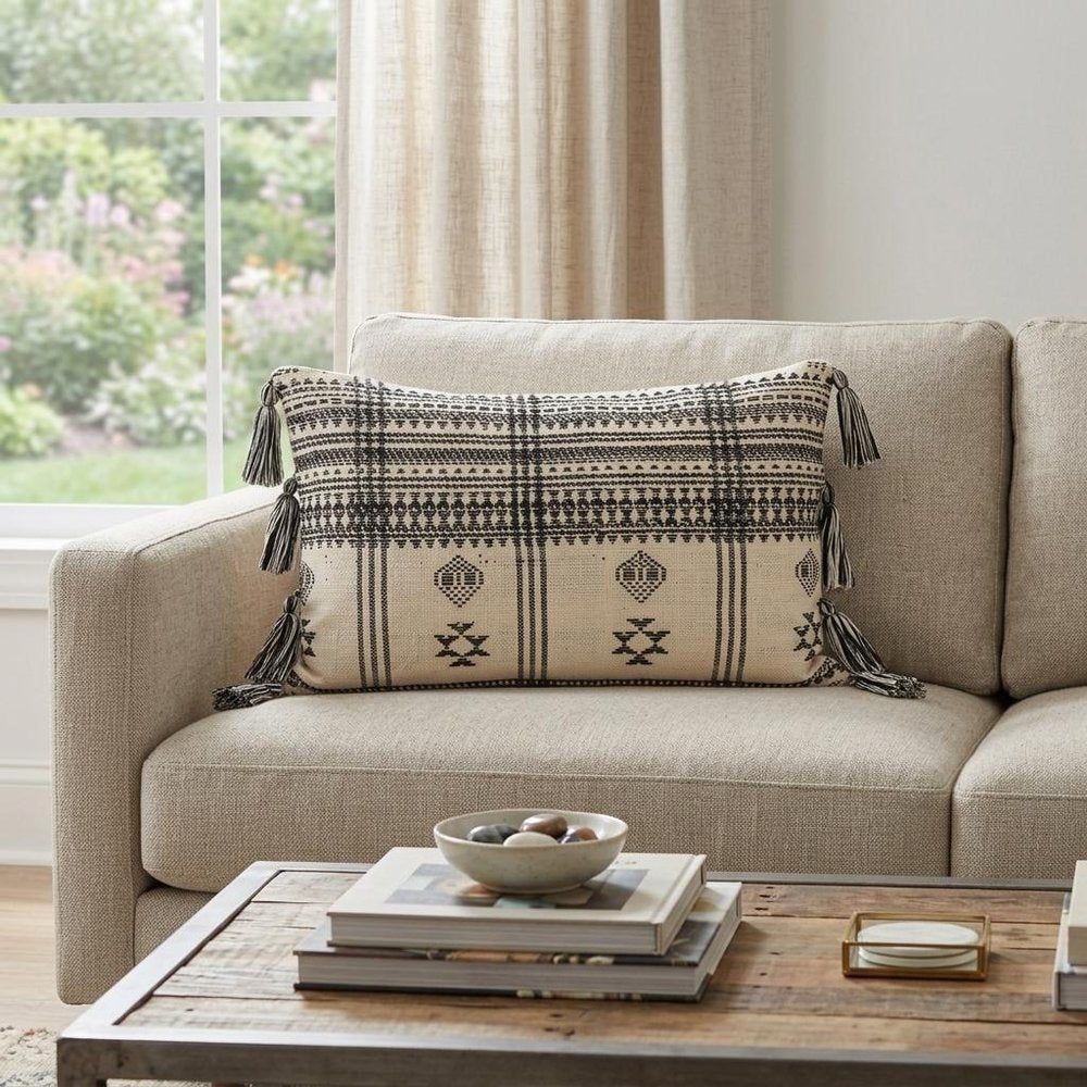 14" X 20" Beige and Black Southwestern Cotton Throw Pillow With Tassels