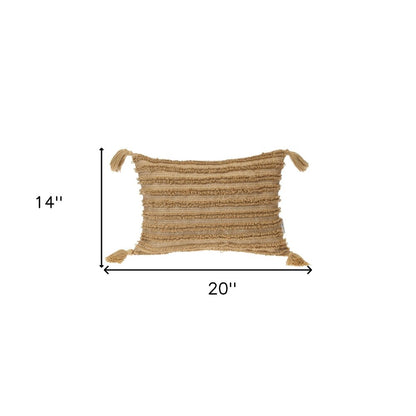 14" X 20" Beige Striped Cotton Throw Pillow With Tassels