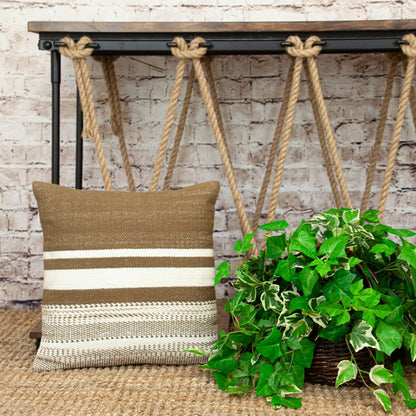 18" Brown And White Cotton Striped Throw Pillow
