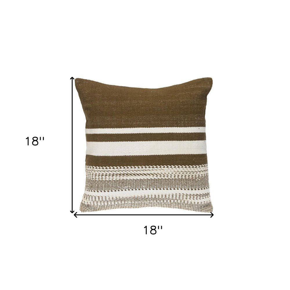 18" Brown And White Cotton Striped Throw Pillow