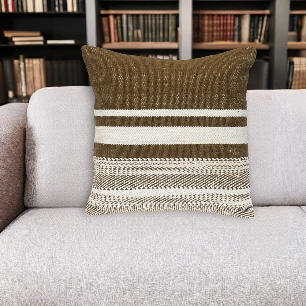 18" Brown And White Cotton Striped Throw Pillow