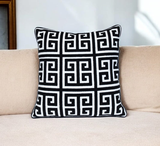 20" Black and White Interlocking Cotton Throw Pillow