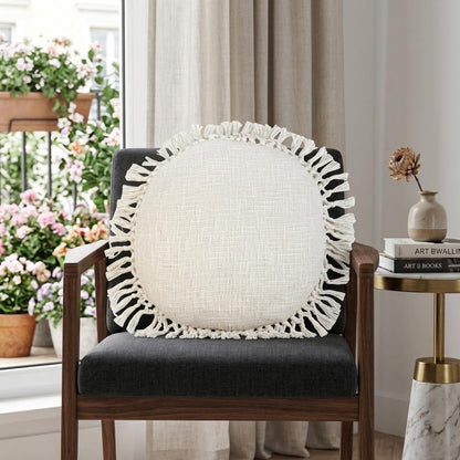 18" X 18" White Round Cotton Throw Pillow with Fringe