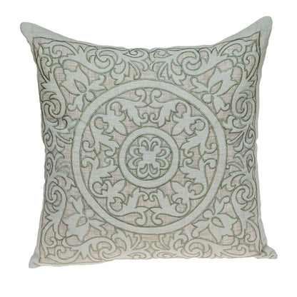 22" Beige and Green Damask Linen Blend Throw Pillow with Embroidery and Applique