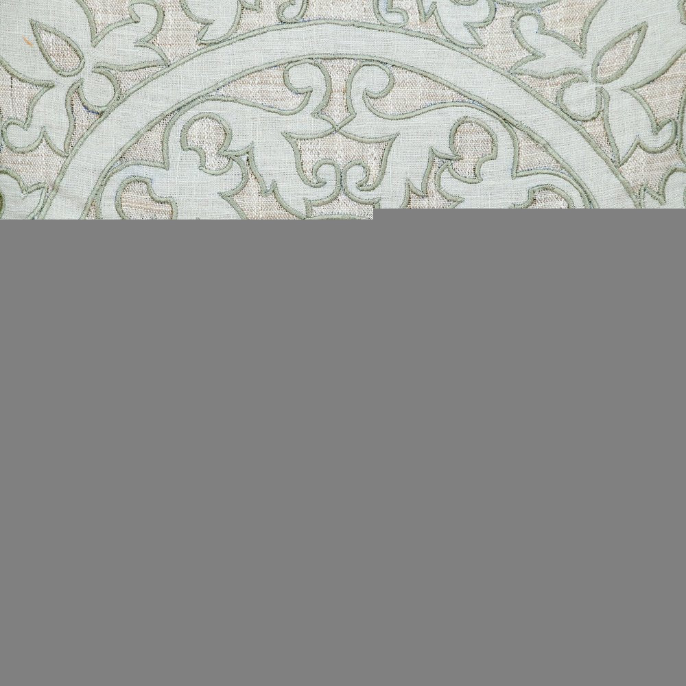 22" Beige and Green Damask Linen Blend Throw Pillow with Embroidery and Applique