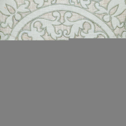 22" Beige and Green Damask Linen Blend Throw Pillow with Embroidery and Applique