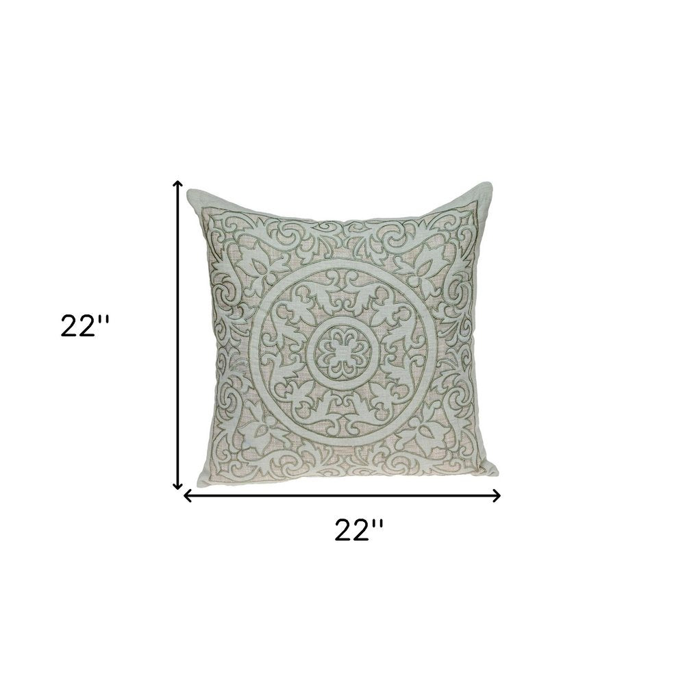 22" Beige and Green Damask Linen Blend Throw Pillow with Embroidery and Applique