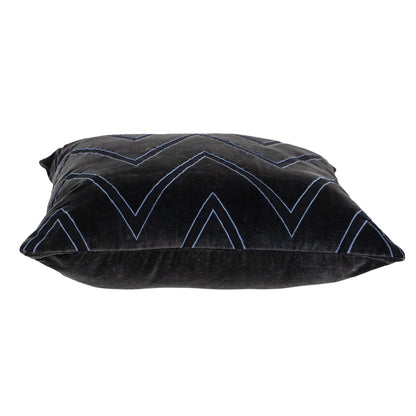 22" Black and Blue Zigzag Cotton Throw Pillow with Embroidery and Applique