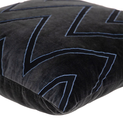 22" Black and Blue Zigzag Cotton Throw Pillow with Embroidery and Applique