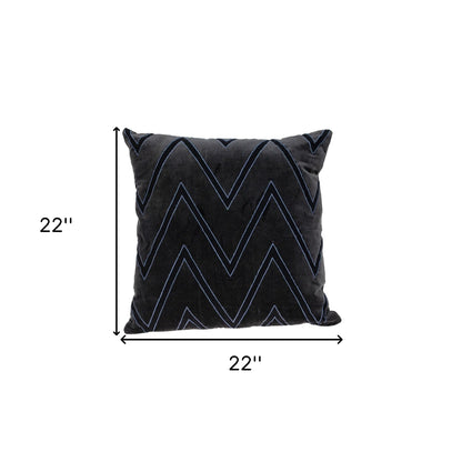 22" Black and Blue Zigzag Cotton Throw Pillow with Embroidery and Applique