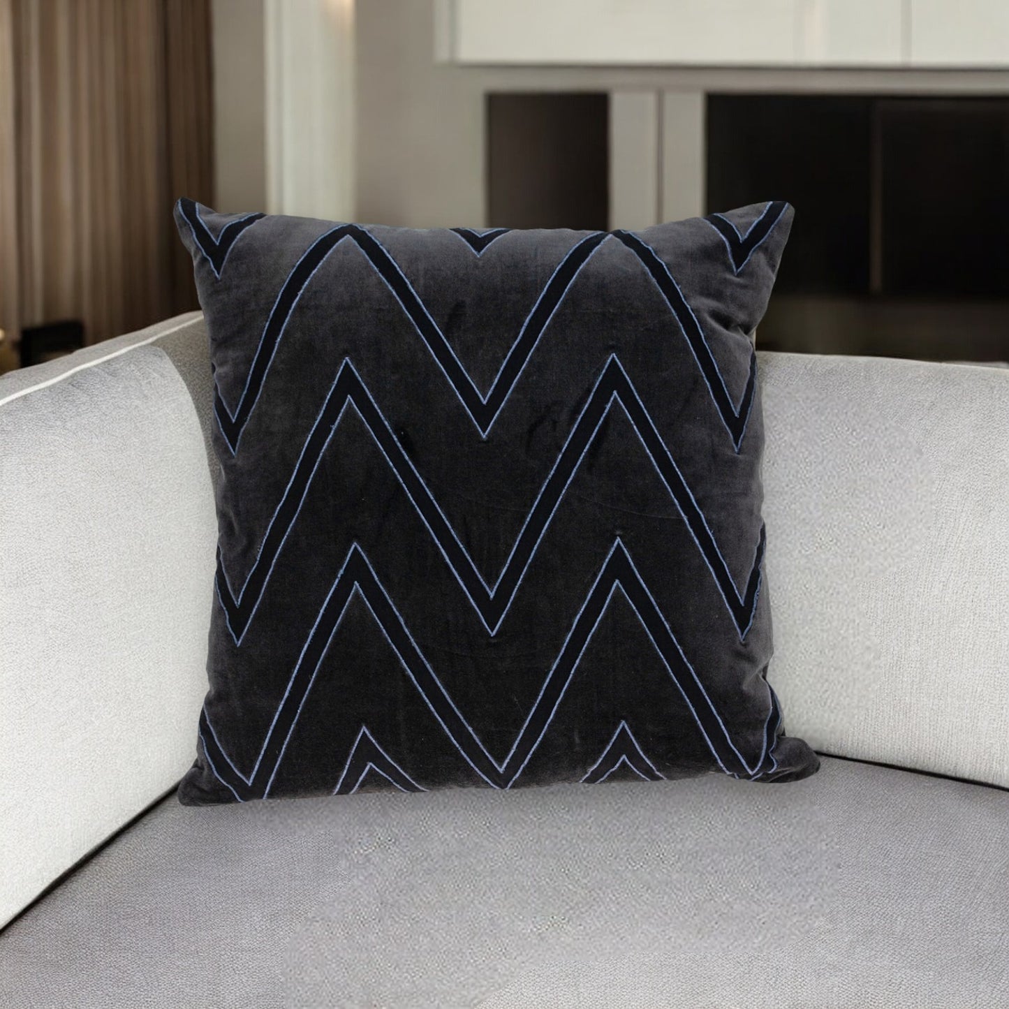 22" Black and Blue Zigzag Cotton Throw Pillow with Embroidery and Applique