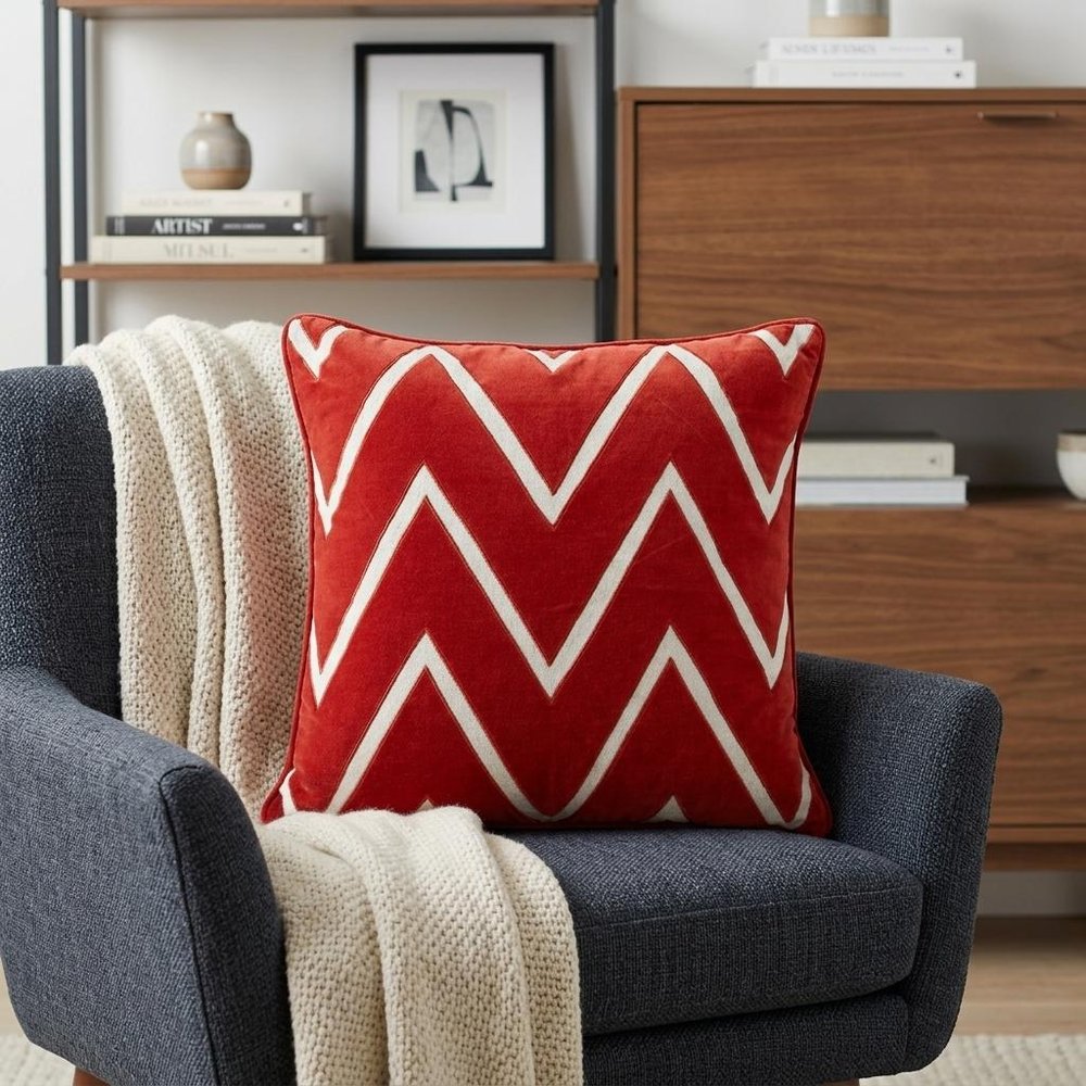 22" Beige and Red Zigzag Cotton Throw Pillow with Embroidery and Applique