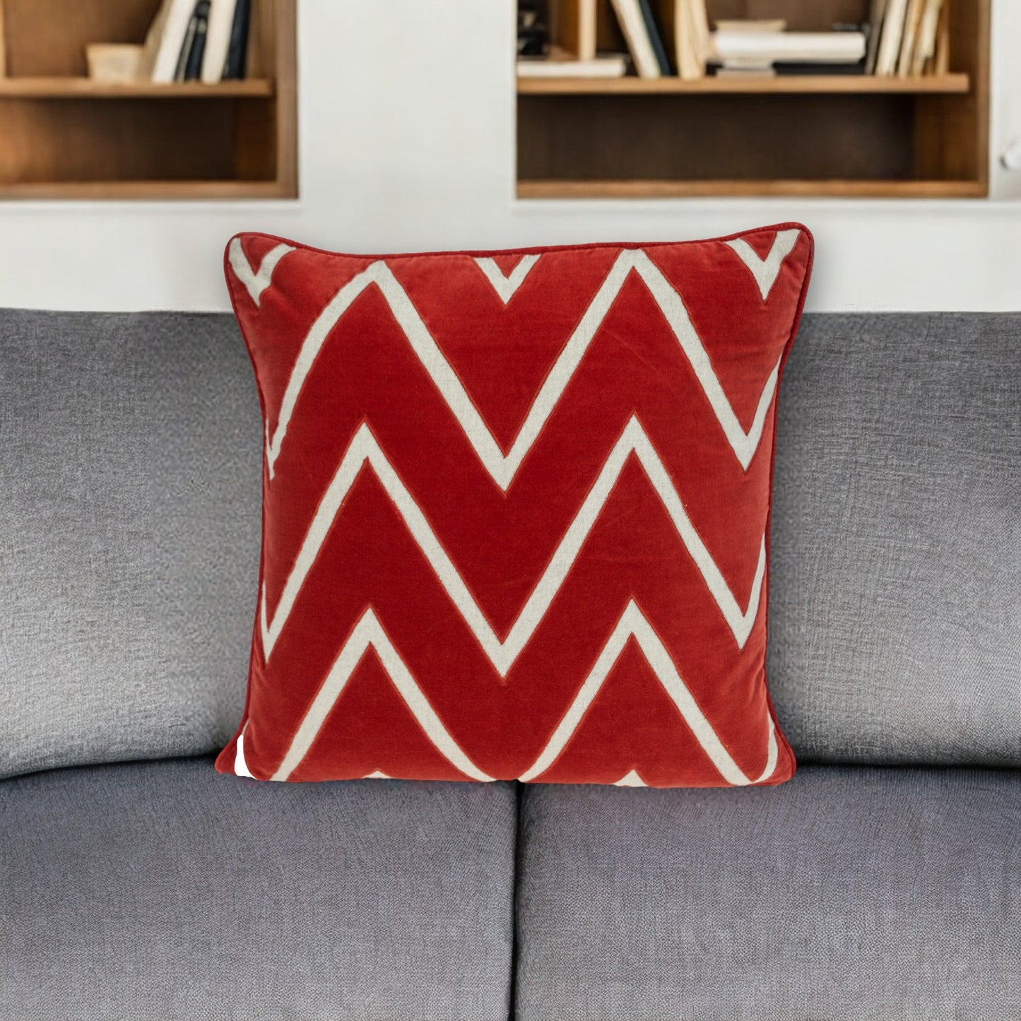 22" Beige and Red Zigzag Cotton Throw Pillow with Embroidery and Applique