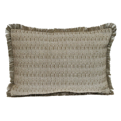 14" X 20" Green and White Cotton Lumbar Throw Pillow with Fringe