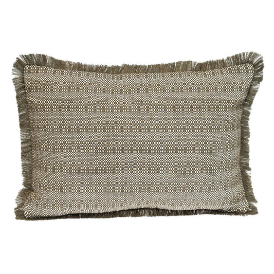 14" X 20" Green and White Cotton Lumbar Throw Pillow with Fringe